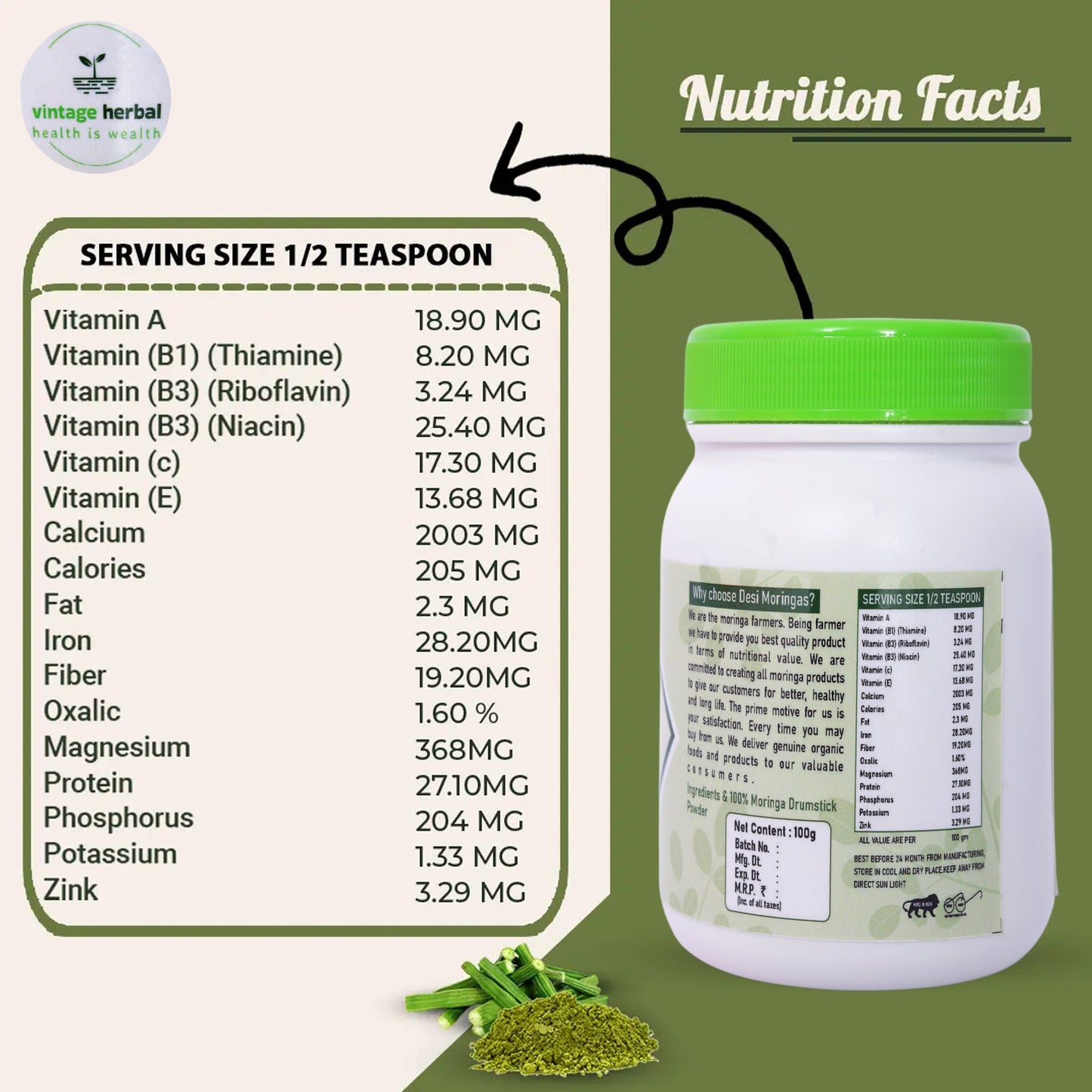 Moringa Drumstick Powder - Nutrient-Rich Miracle Green Superfood BUY 1 GET 1 FREE