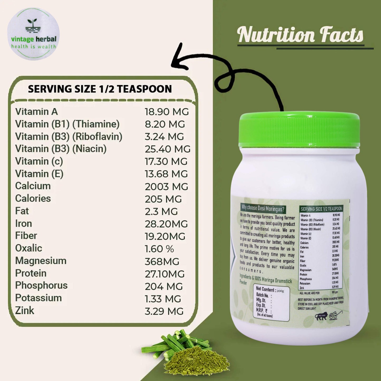 Moringa Drumstick Powder - Nutrient-Rich Miracle Green Superfood